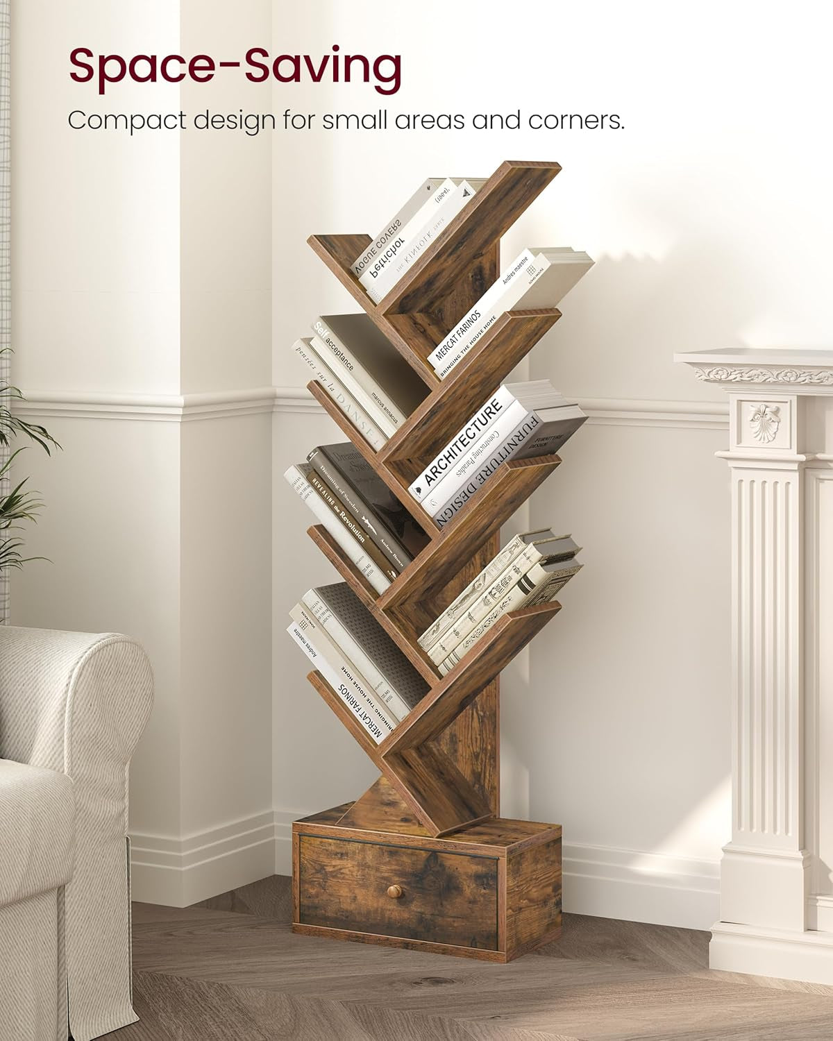 9 Tier Tree Book Shelf With Drawer Rustic Brown Narrow