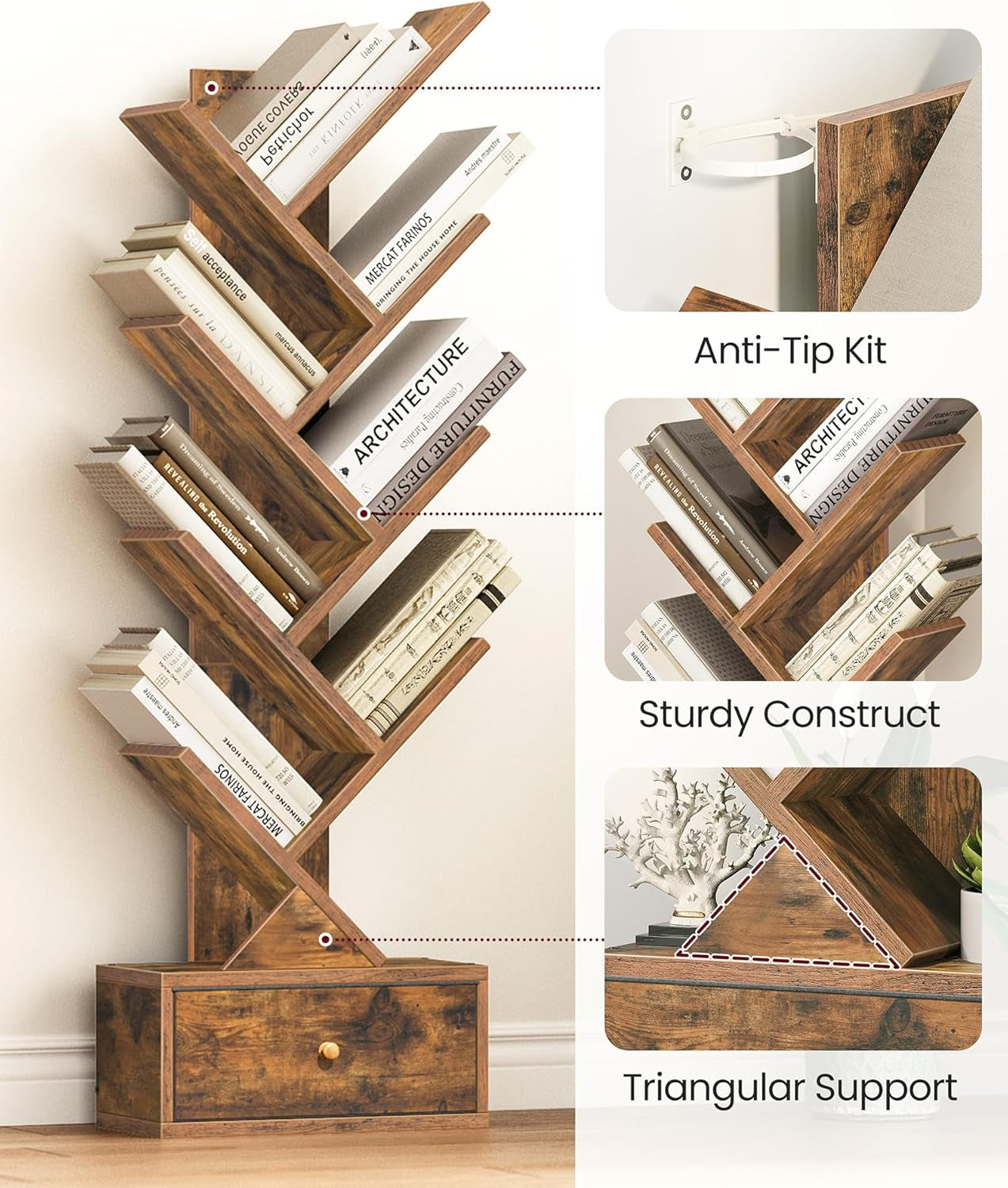 9 Tier Tree Book Shelf With Drawer Rustic Brown Narrow