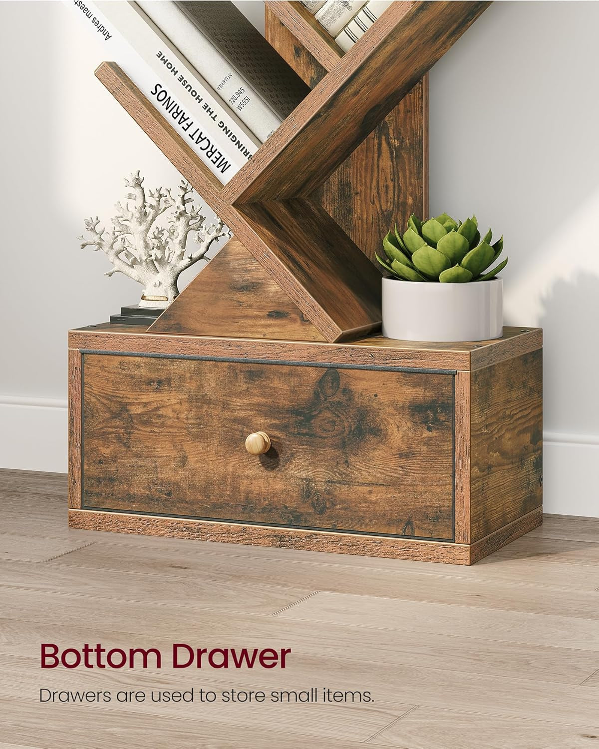 9 Tier Tree Book Shelf With Drawer Rustic Brown Narrow