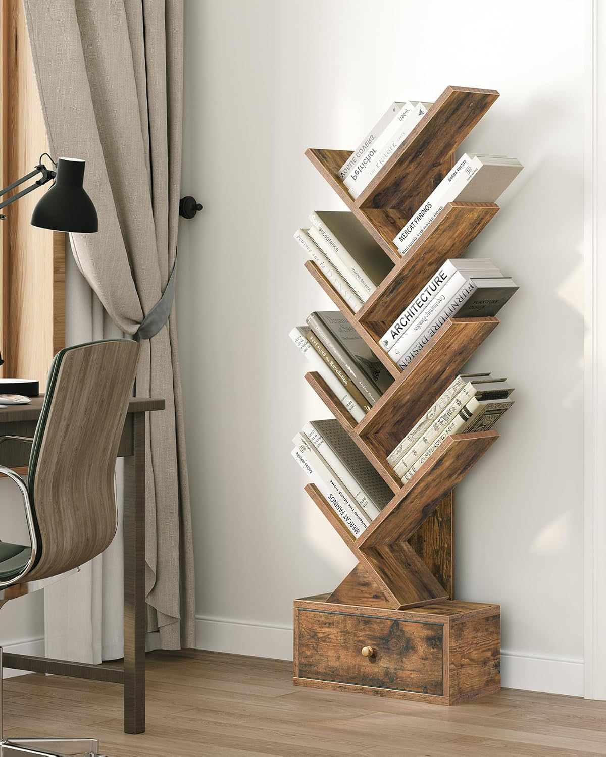 9 Tier Tree Book Shelf With Drawer Rustic Brown Narrow