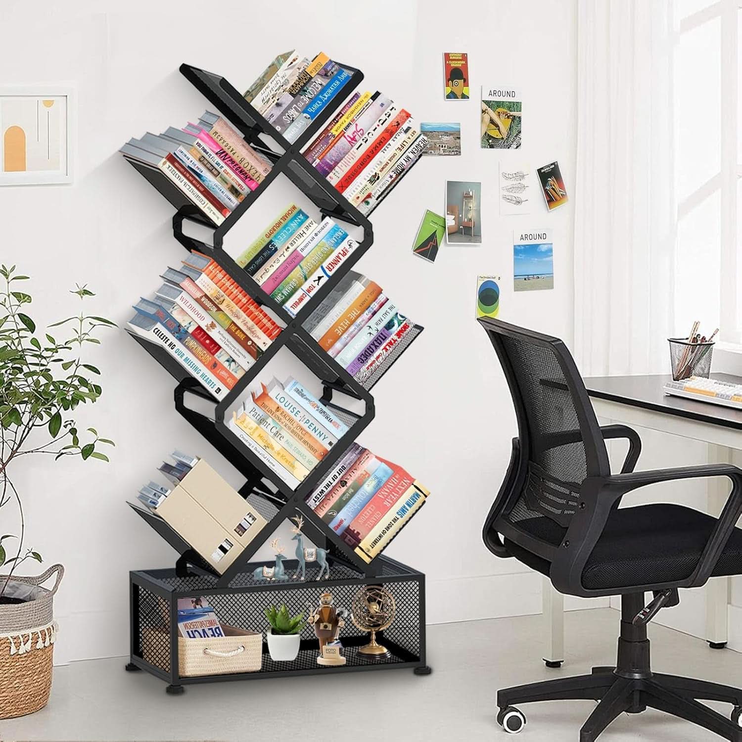 9 Tier Tree Bookshelf With Storage Cabinet Black Metal