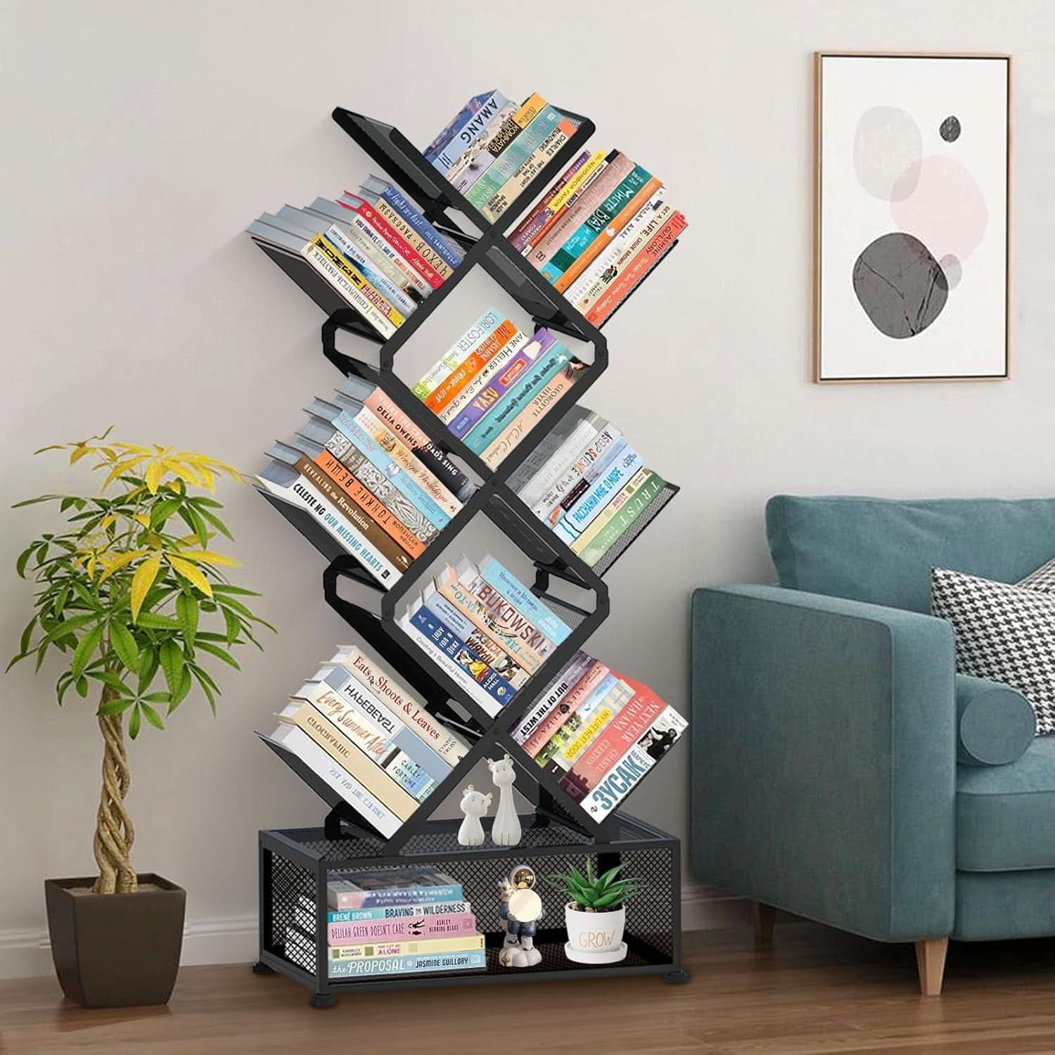 9 Tier Tree Bookshelf With Storage Cabinet Black Metal