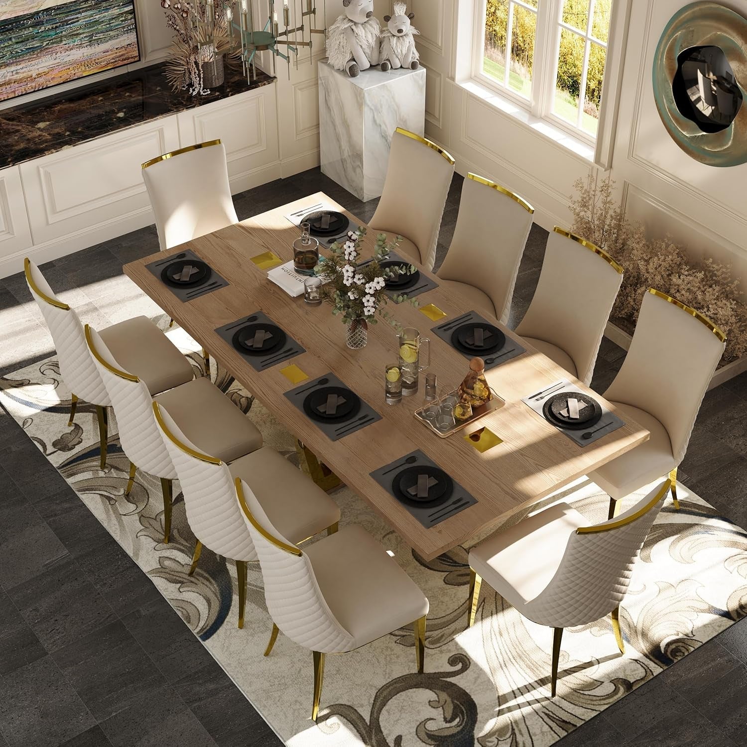 94 Inch Walnut Dining Table With Polished Stainless Tree Fork Legs