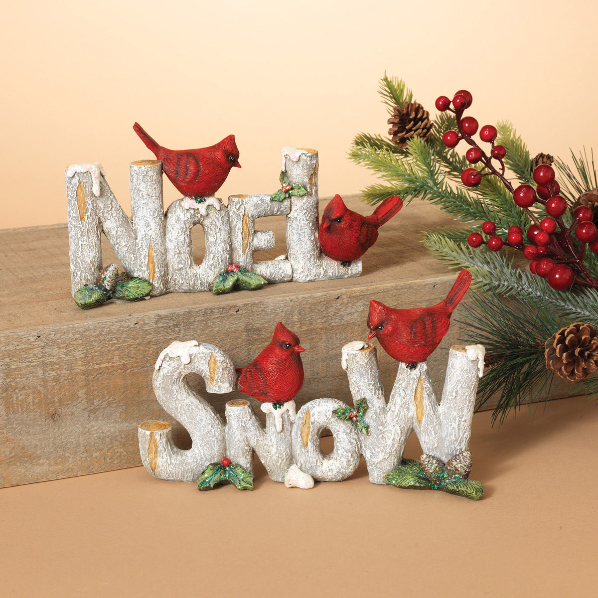 9.5 Inch Resin Birch Sign with Cardinals -