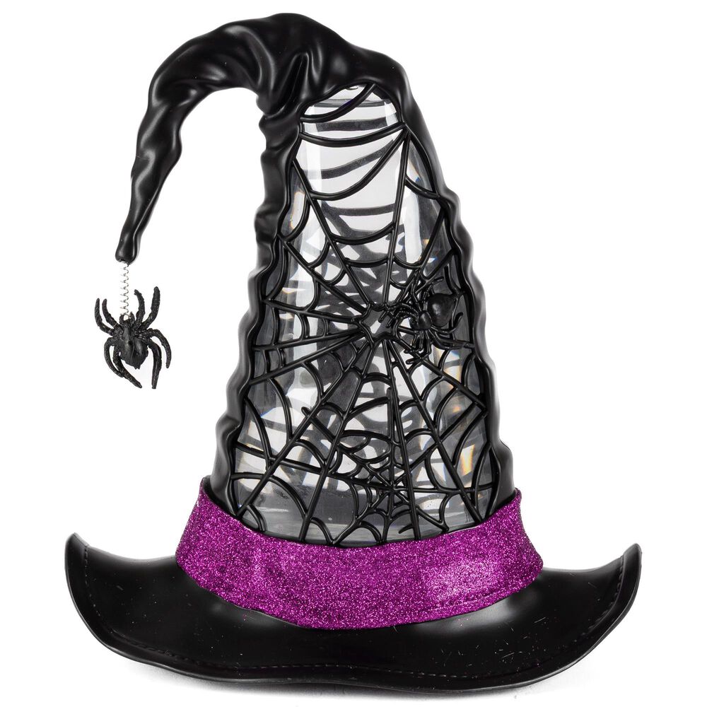 9.75"H Battery-Operated Lighted Spinning Smoky Water Globe Witch Hat in Black