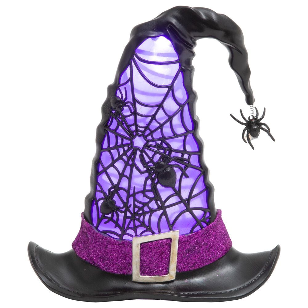 9.75"H Battery-Operated Lighted Spinning Smoky Water Globe Witch Hat in Black