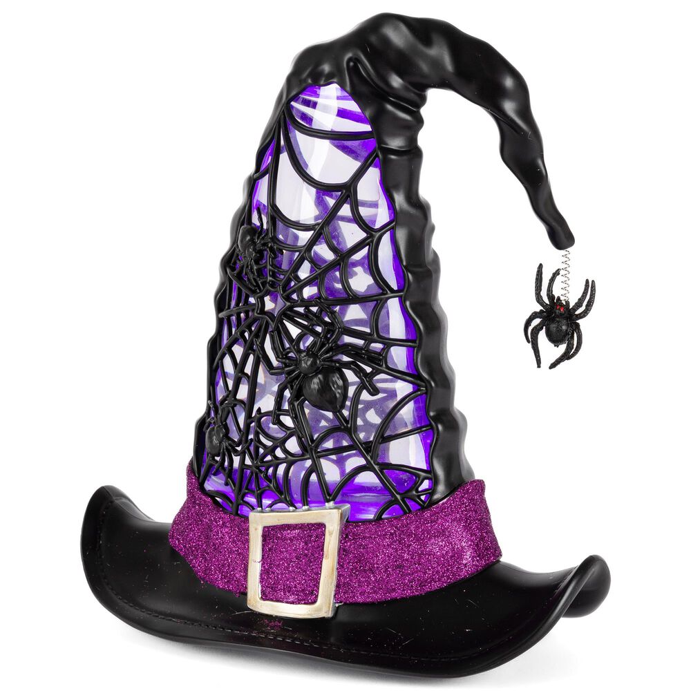 9.75"H Battery-Operated Lighted Spinning Smoky Water Globe Witch Hat in Black