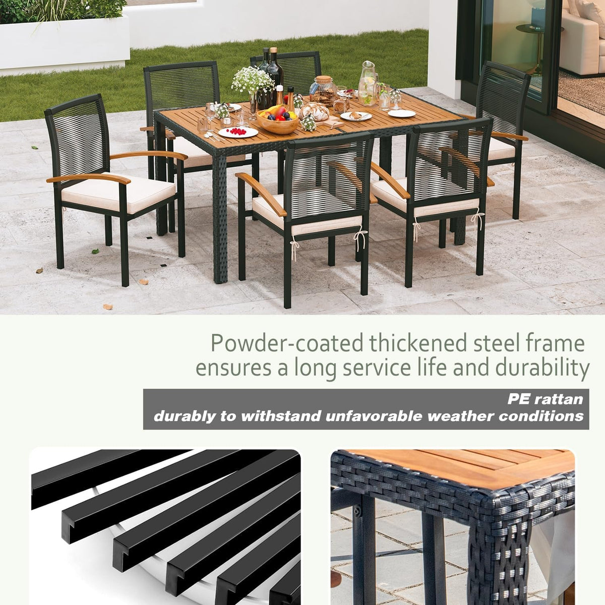 AERBUSKE 7 Piece Patio Outdoor Table And Chairs Set With Acacia Wood Table Top