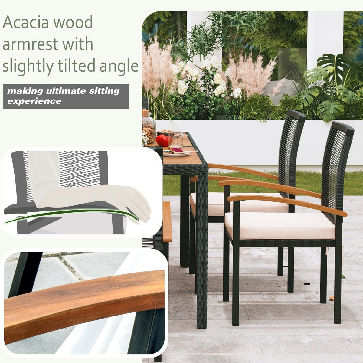 AERBUSKE 7 Piece Patio Outdoor Table And Chairs Set With Acacia Wood Table Top