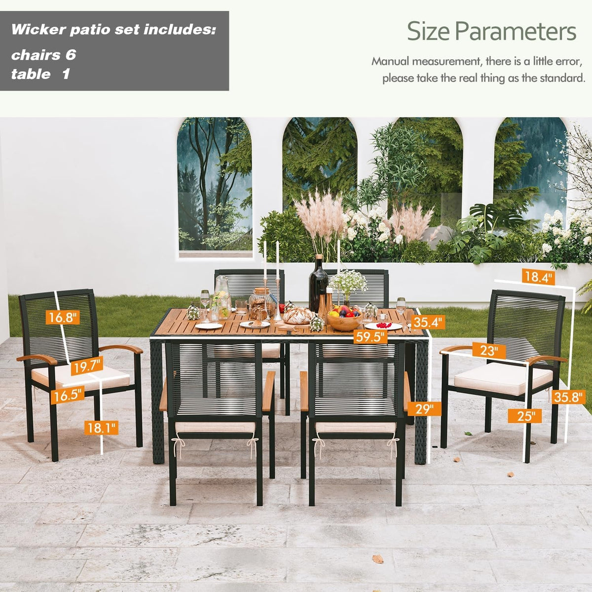 AERBUSKE 7 Piece Patio Outdoor Table And Chairs Set With Acacia Wood Table Top