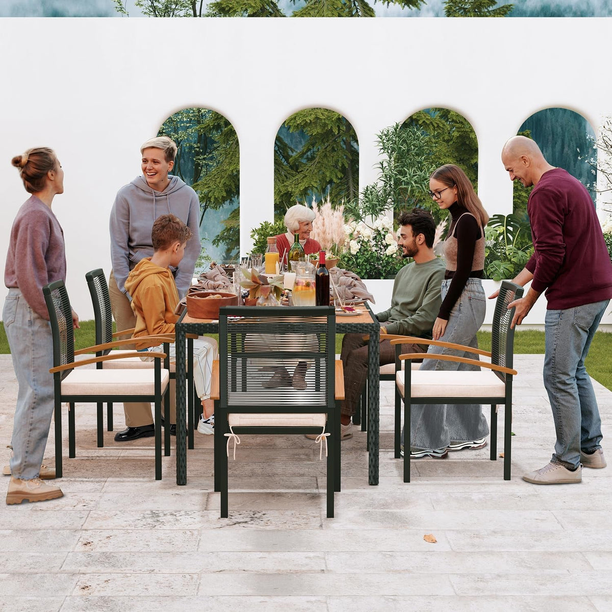 AERBUSKE 7 Piece Patio Outdoor Table And Chairs Set With Acacia Wood Table Top