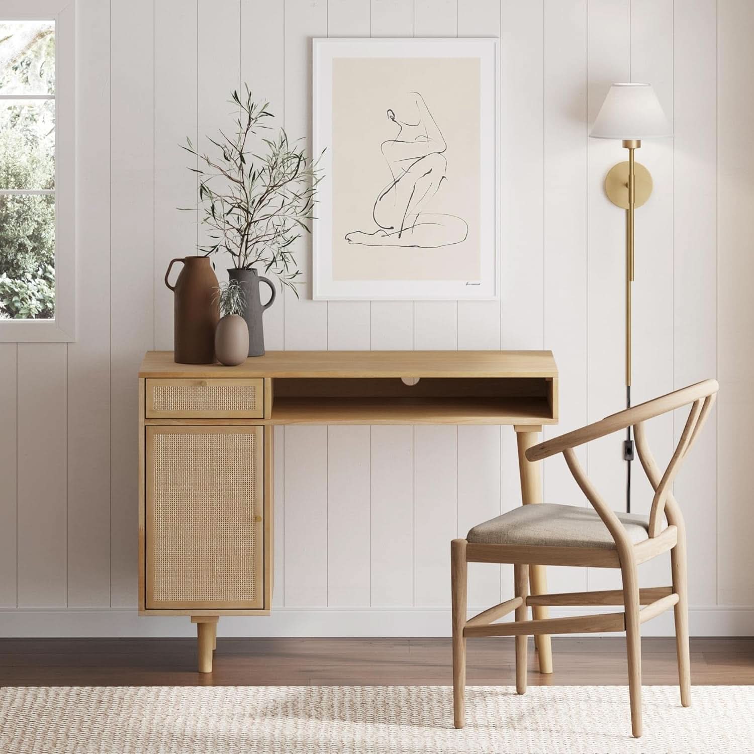 Aaron Modern Desk With Storage In Natural Brown Rattan