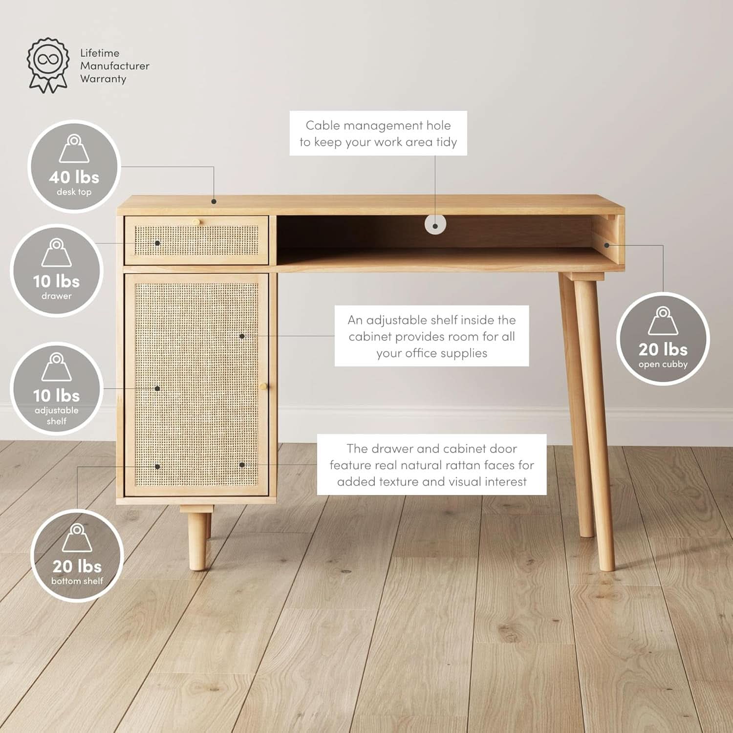 Aaron Modern Desk With Storage In Natural Brown Rattan