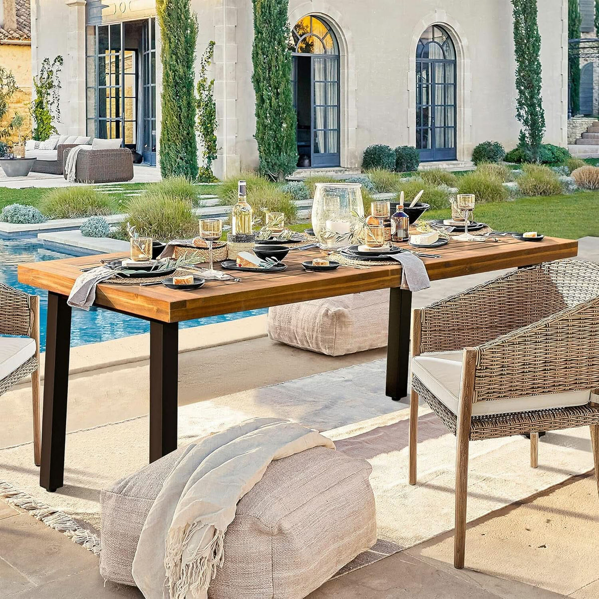Acacia Wood Dining Table For 6 With Iron Legs IndoorOutdoor