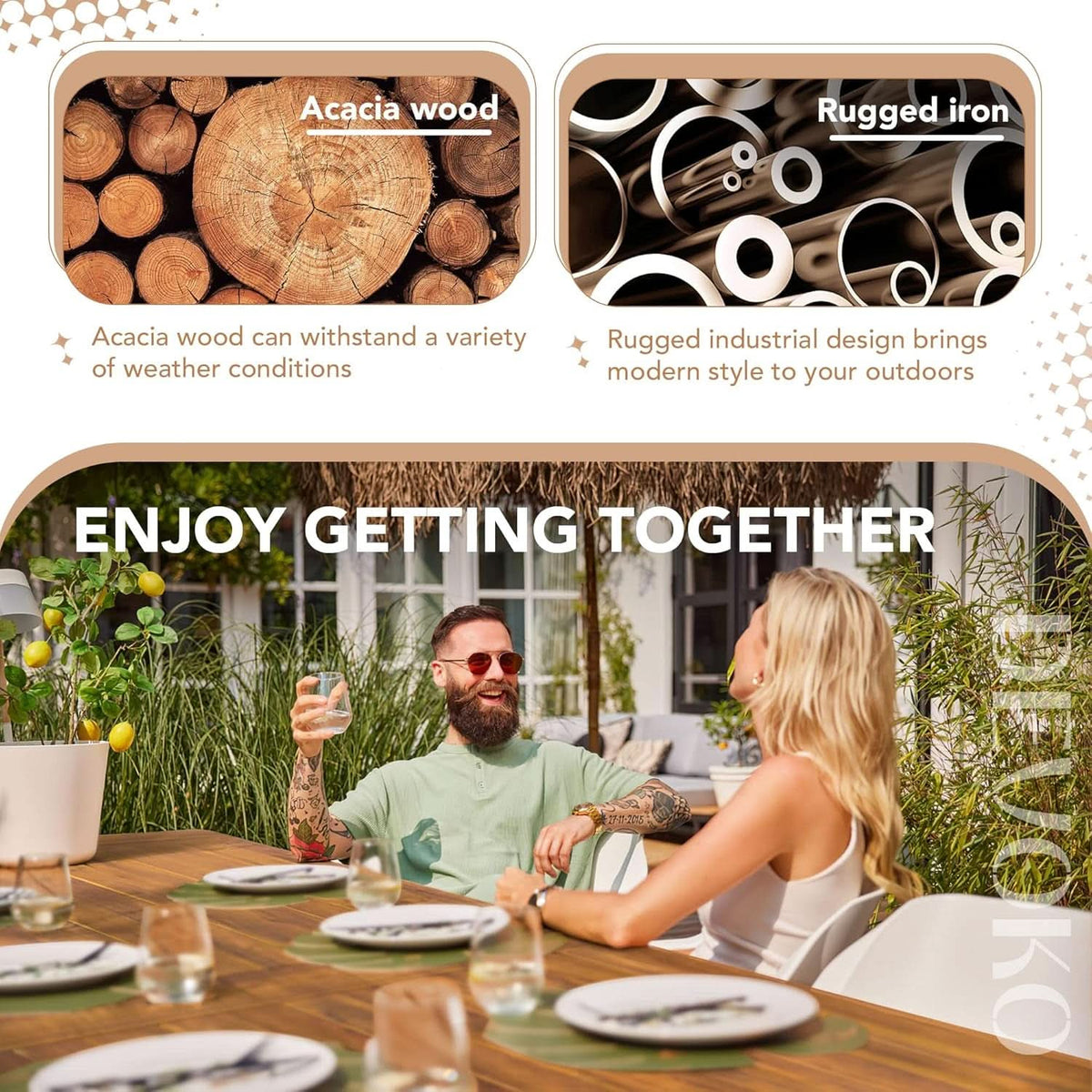 Acacia Wood Dining Table For 6 With Iron Legs IndoorOutdoor