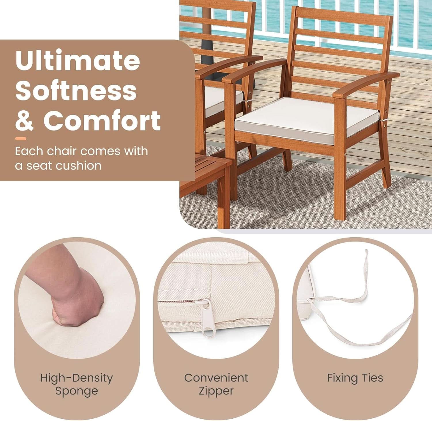 Acacia Wood Outdoor Conversation Set With Cushions White
