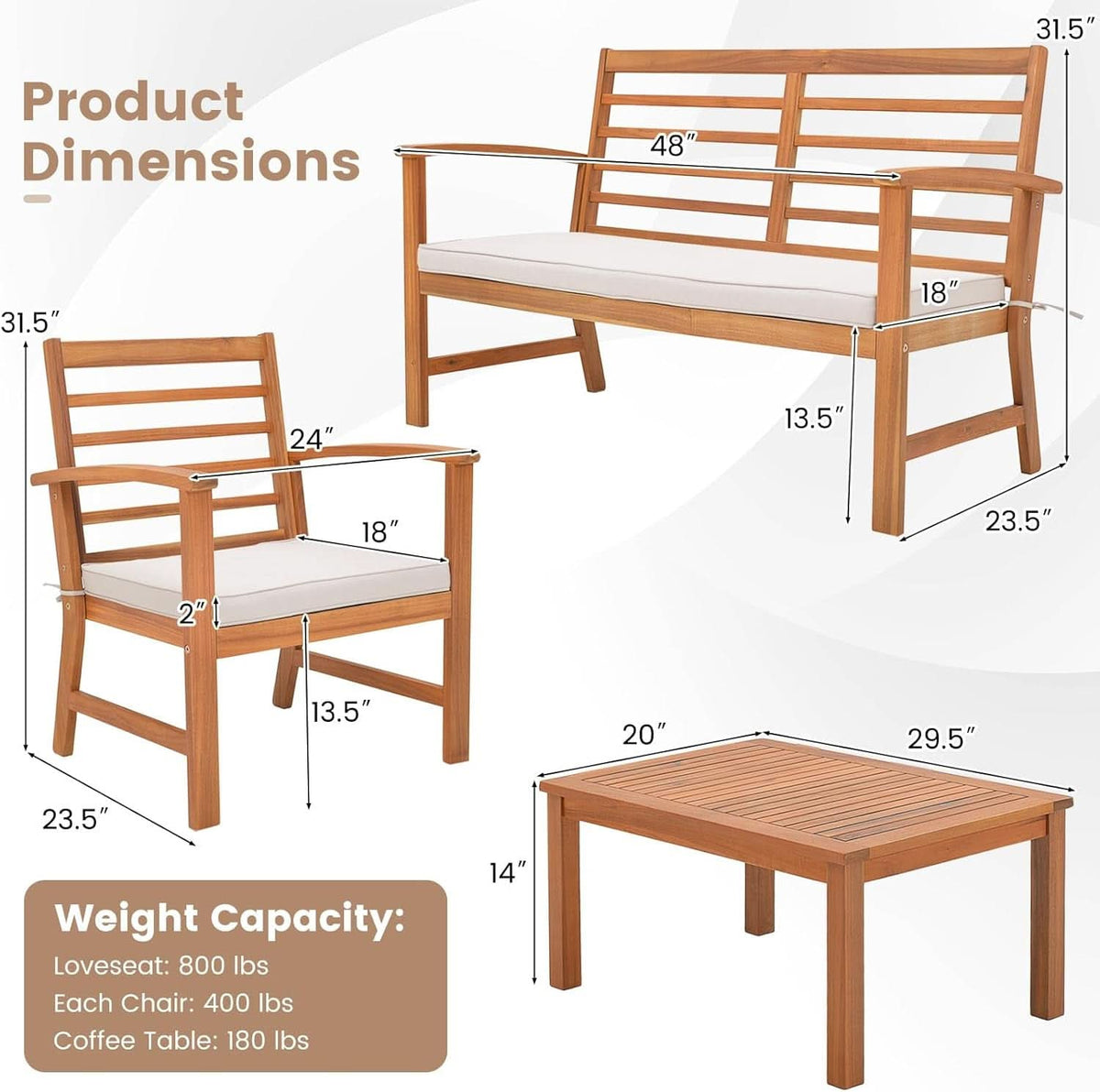 Acacia Wood Outdoor Conversation Set With Cushions White
