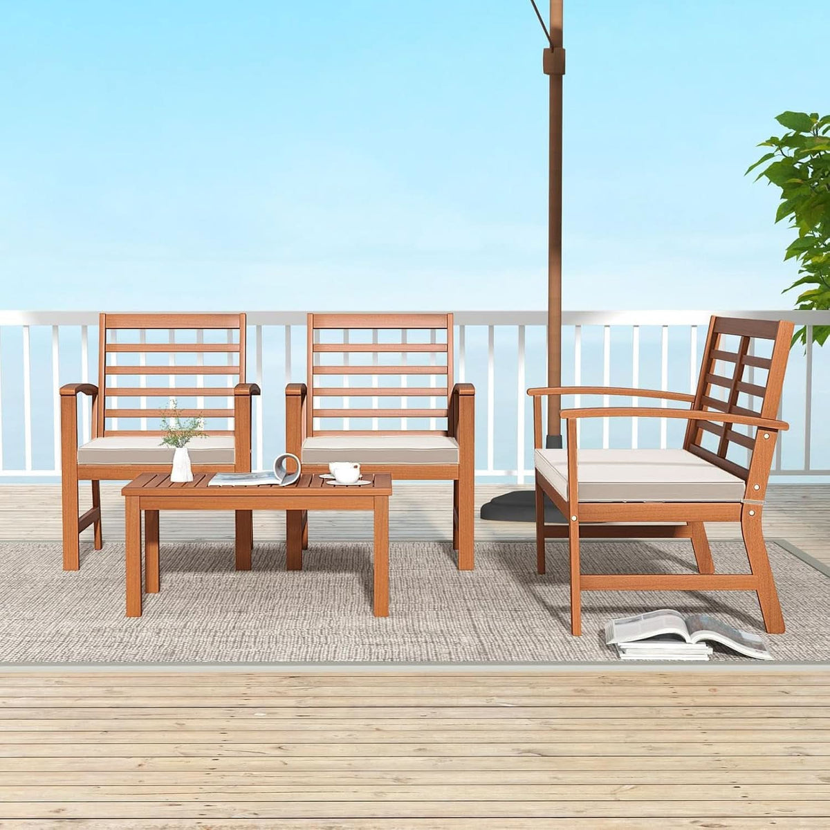 Acacia Wood Outdoor Conversation Set With Cushions White