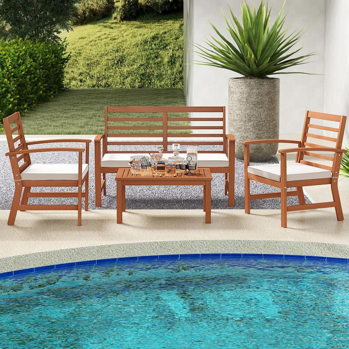 Acacia Wood Outdoor Conversation Set With Cushions White