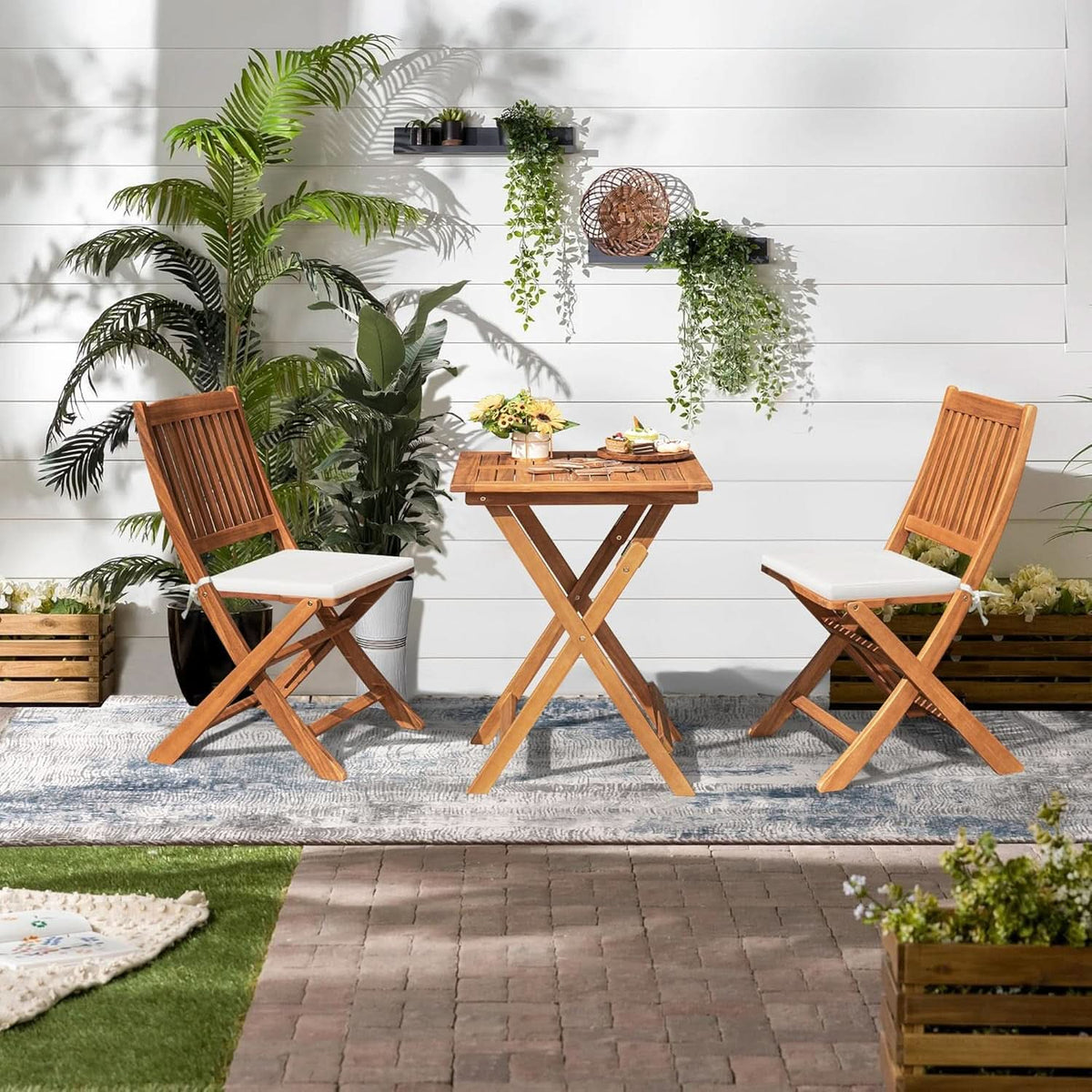 Acacia Wood Outdoor Folding Patio Bistro Set 3 Piece Table And Chairs