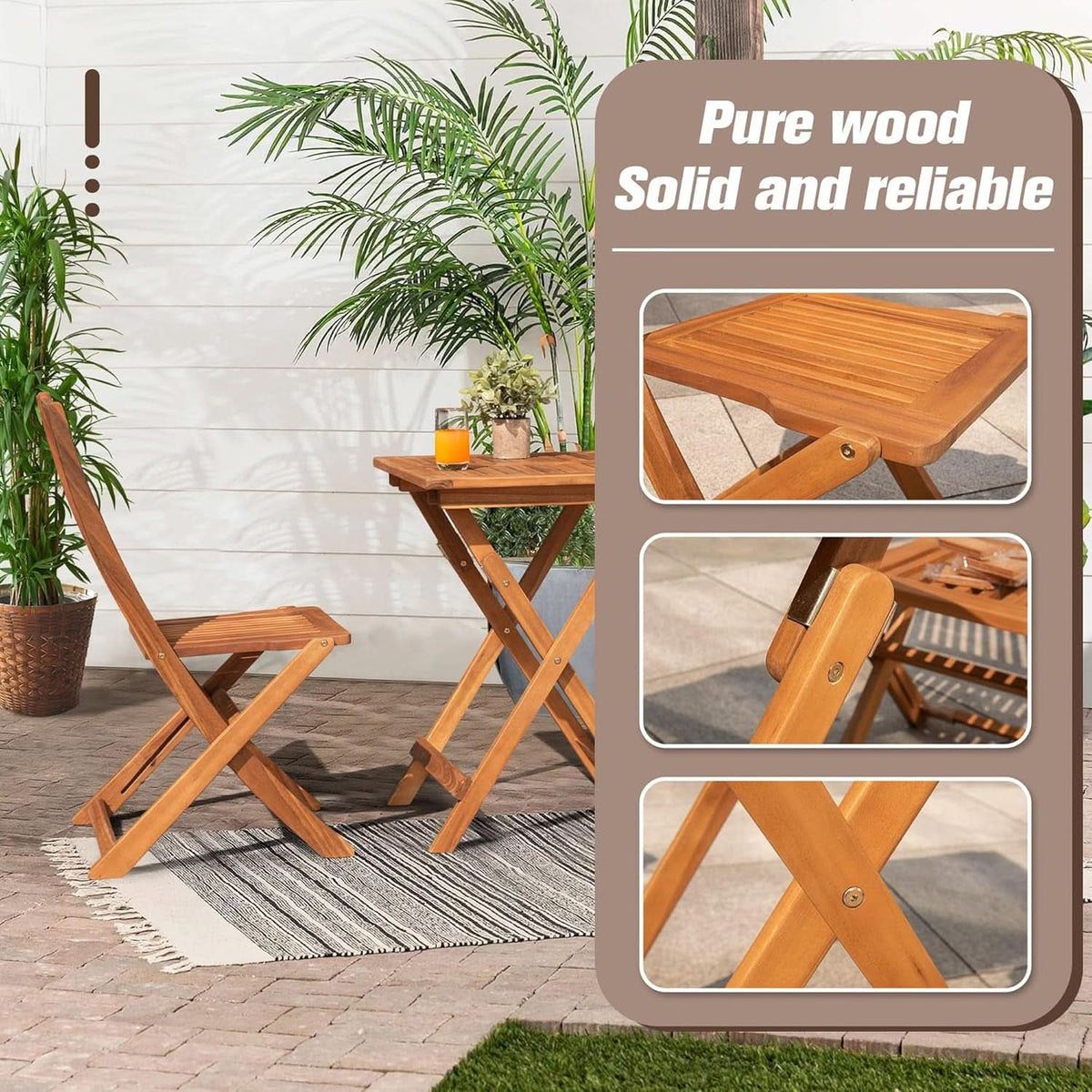 Acacia Wood Outdoor Folding Patio Bistro Set 3 Piece Table And Chairs