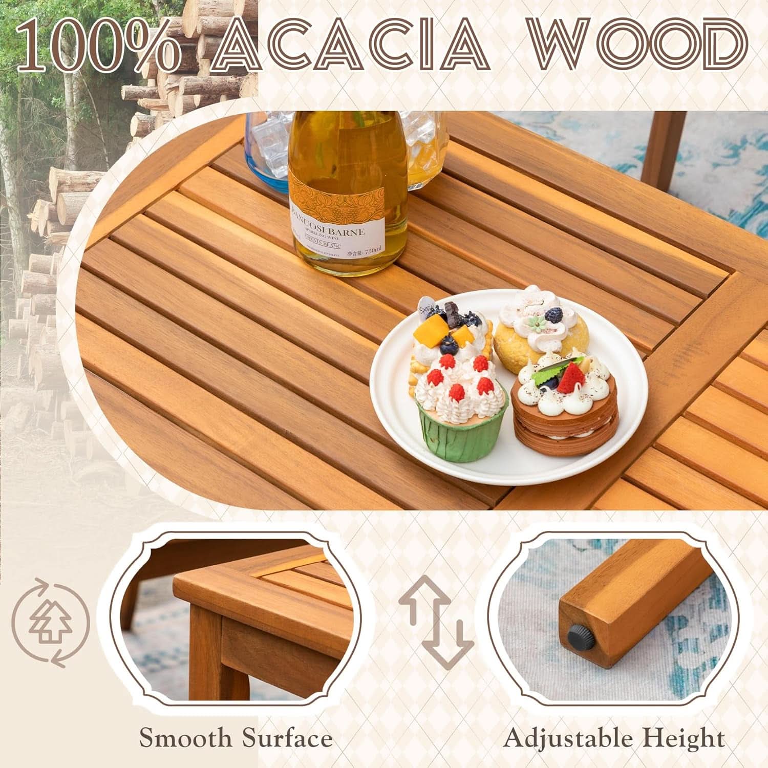 Acacia Wood Patio Conversation Set with Comfortable Rope Seats