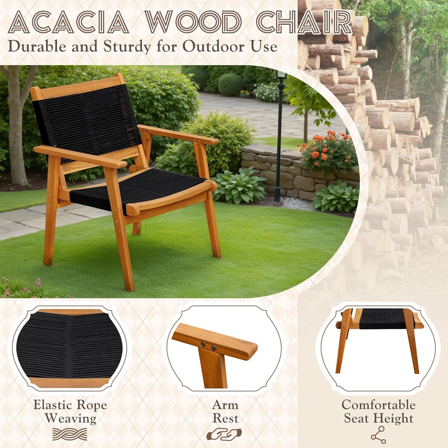 Acacia Wood Patio Conversation Set with Comfortable Rope Seats