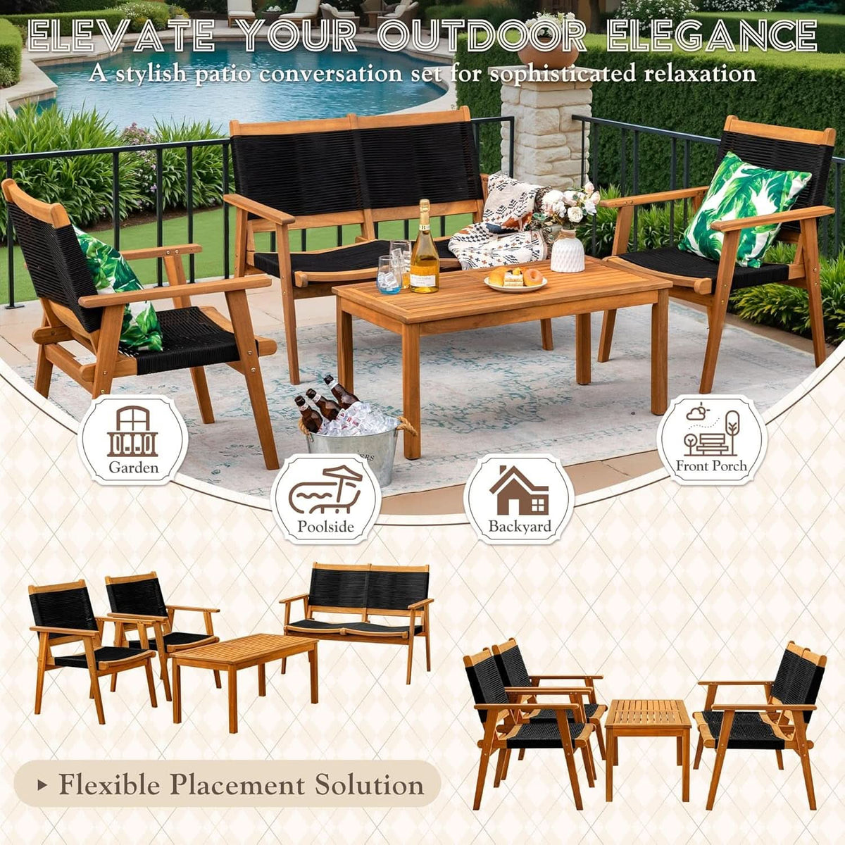 Acacia Wood Patio Conversation Set with Comfortable Rope Seats