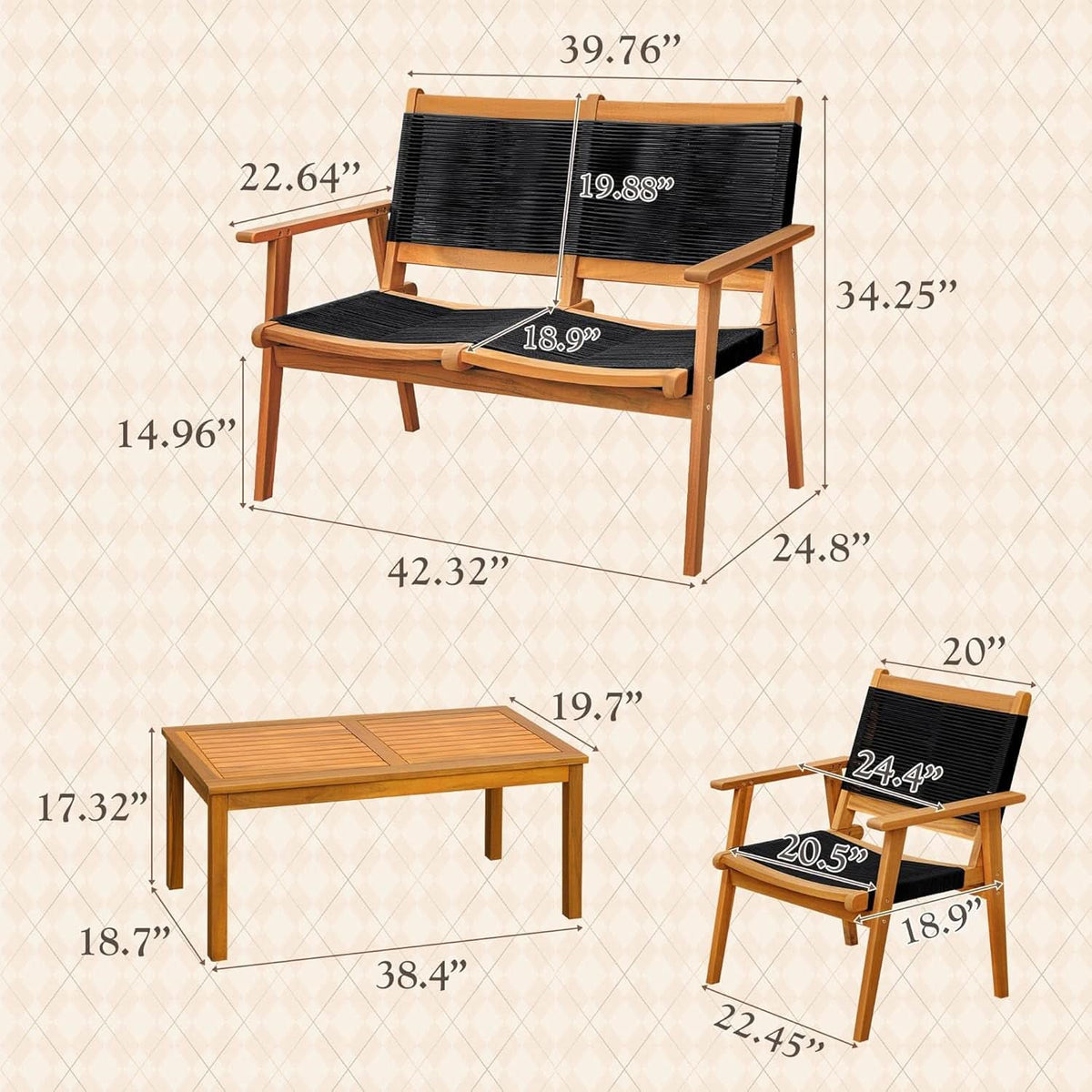 Acacia Wood Patio Conversation Set with Comfortable Rope Seats