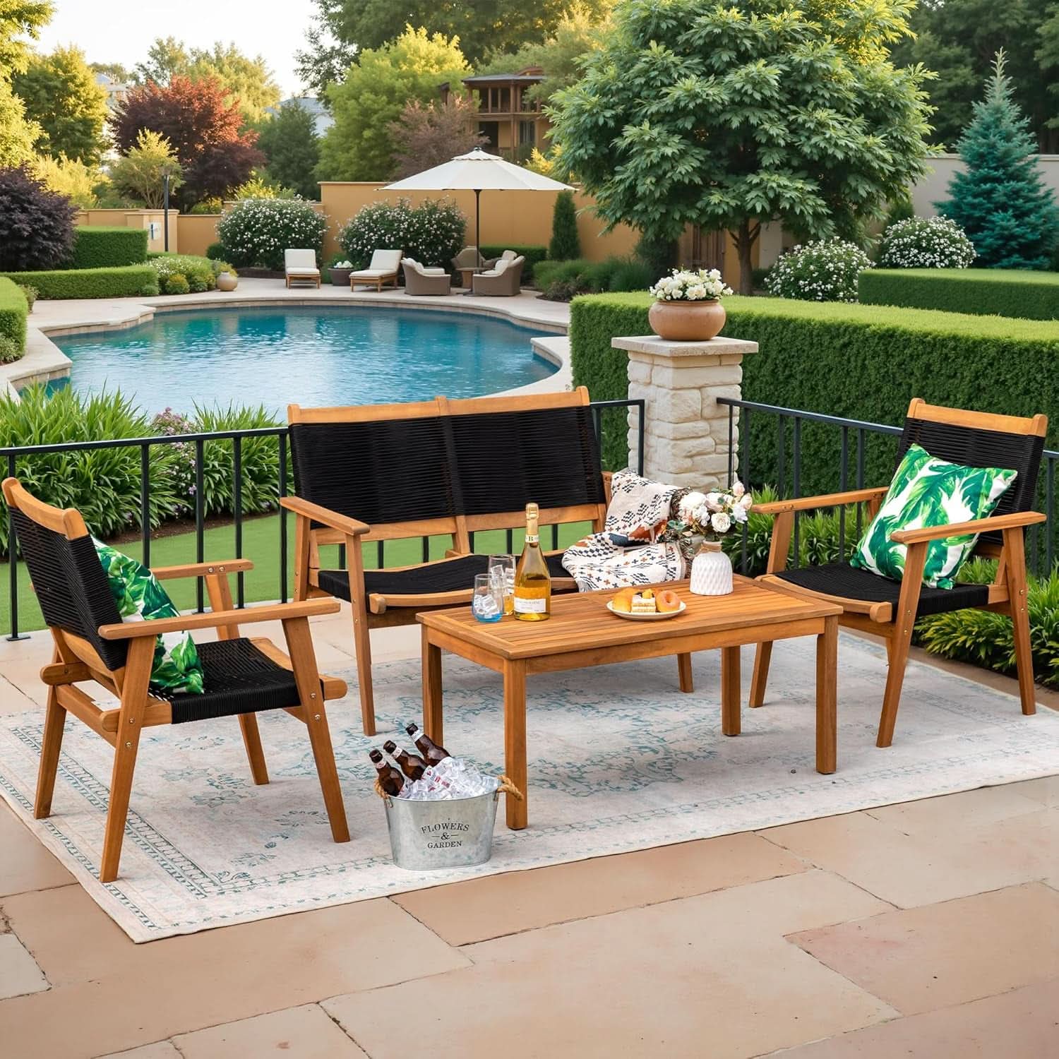 Acacia Wood Patio Conversation Set with Comfortable Rope Seats