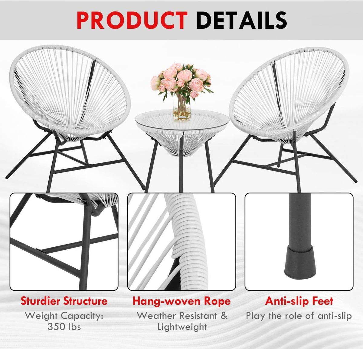 Acapulco Patio Bistro Set 3 Piece Outdoor White With Glass Top