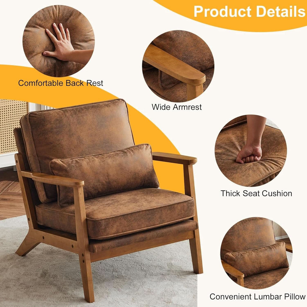 Accent Armchair With Wide Armrests Midcentury Brown Upholstered