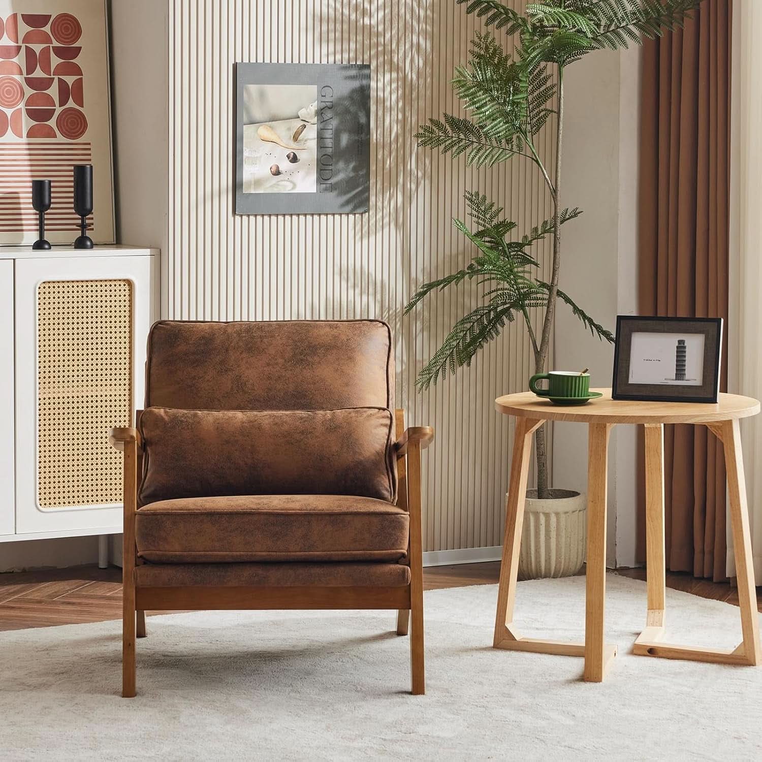 Accent Armchair With Wide Armrests Midcentury Brown Upholstered