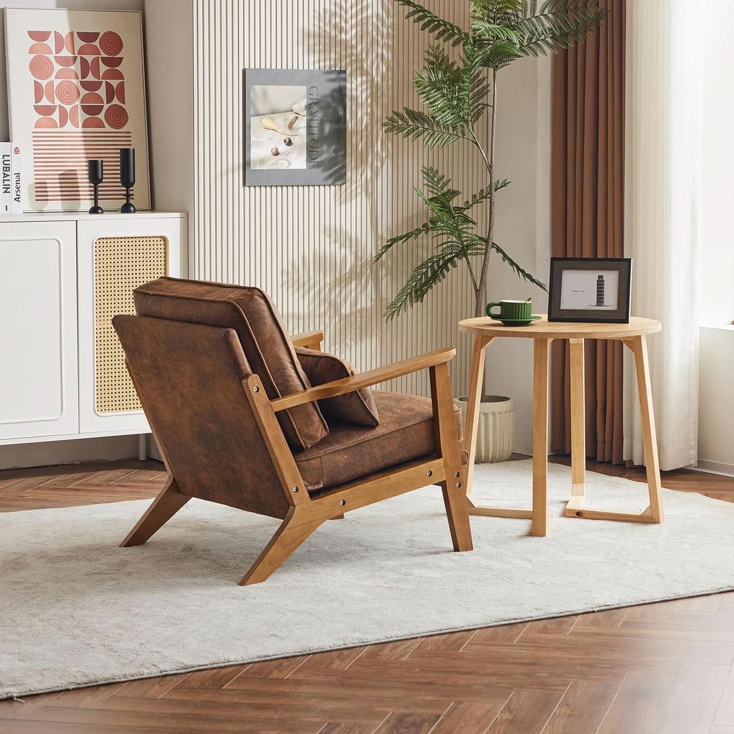 Accent Armchair With Wide Armrests Midcentury Brown Upholstered