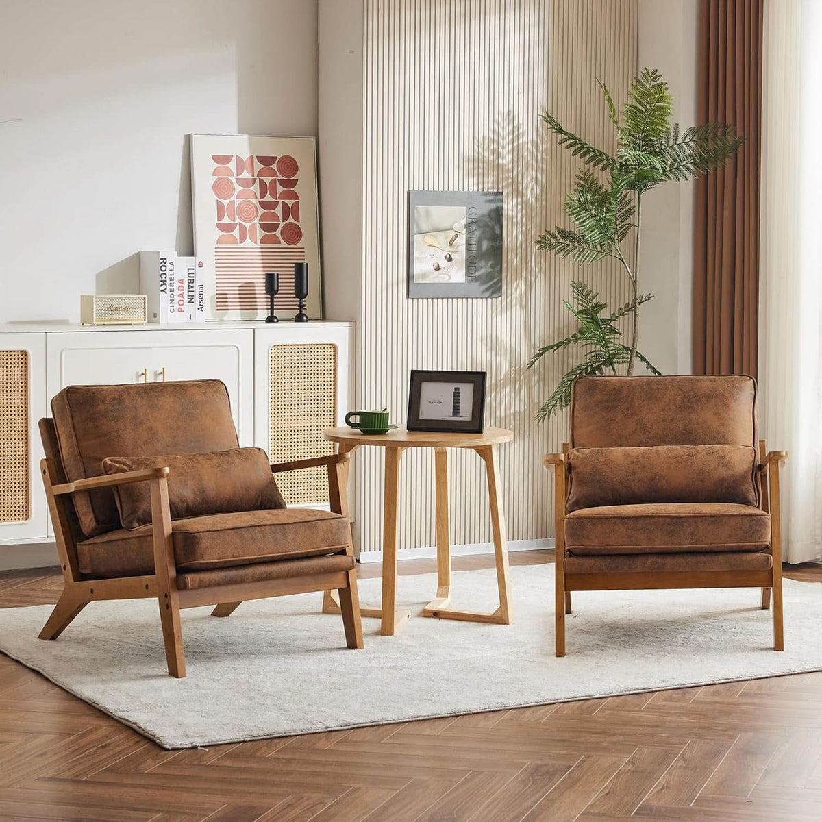 Accent Armchair With Wide Armrests Midcentury Brown Upholstered
