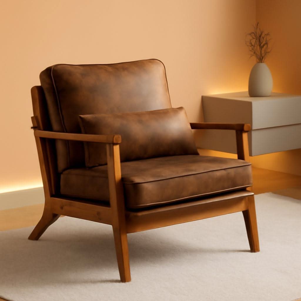 Accent Armchair With Wide Armrests Midcentury Brown Upholstered