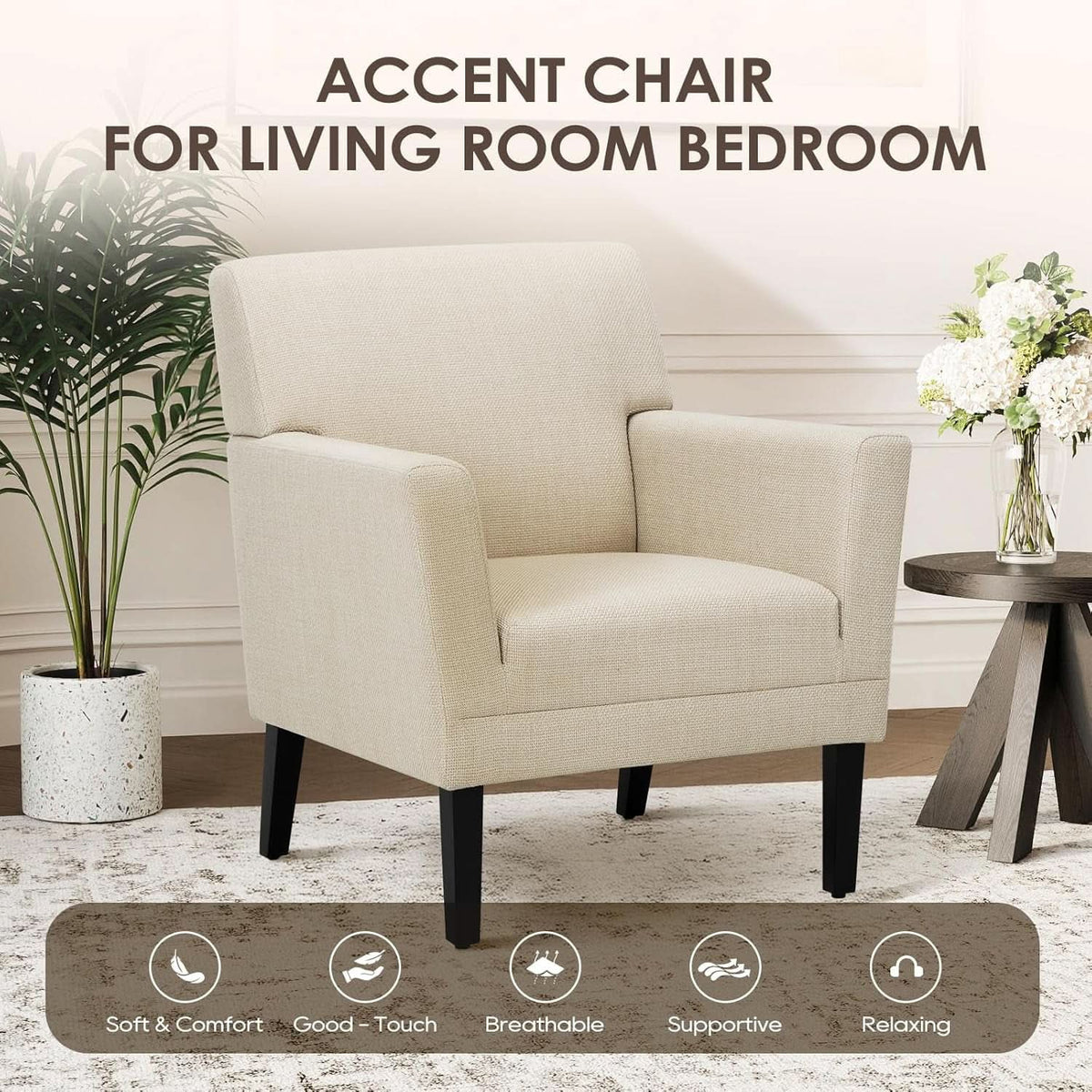 Accent Chair Set Of 2 Oatmeal Textured Upholstered Fabric
