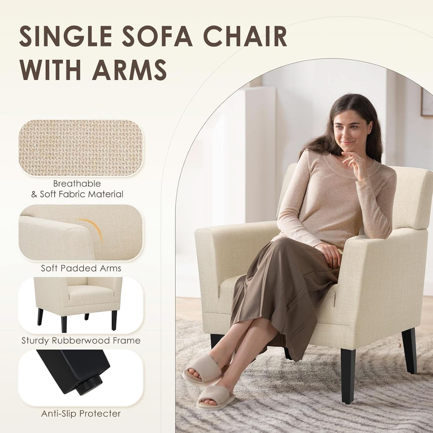 Accent Chair Set Of 2 Oatmeal Textured Upholstered Fabric