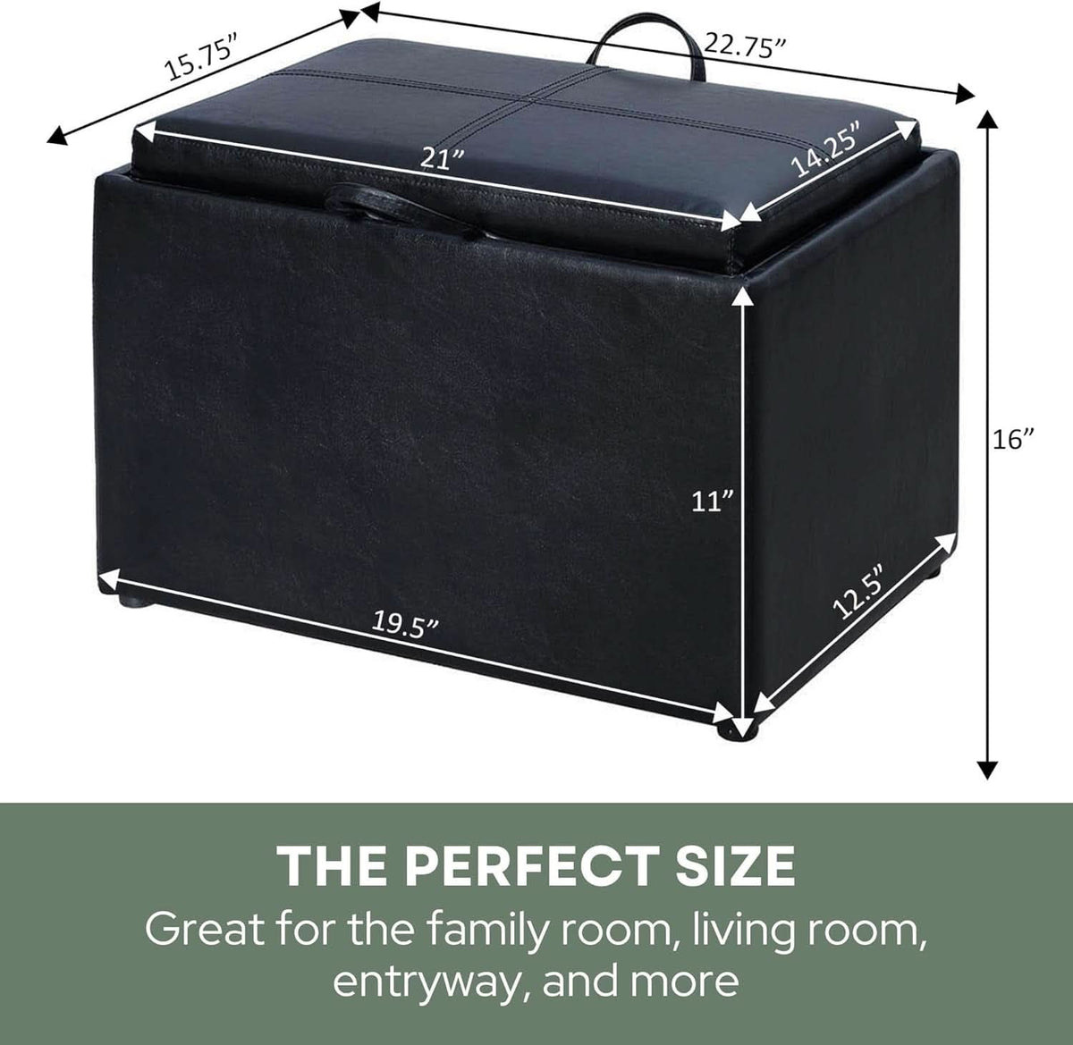 Accent Storage Ottoman 22 Point 75 Inches Charcoal Jet Black