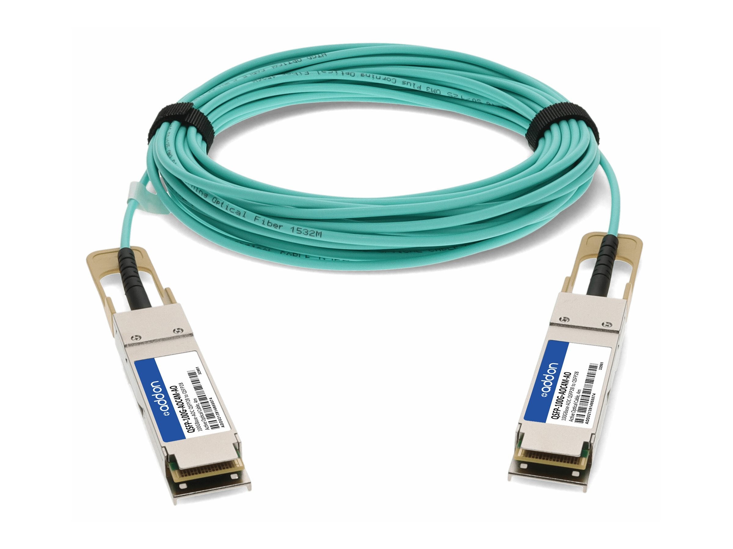 AddOn - 100GBase-AOC direct attach cable - TAA Compliant - QSFP28 to QSFP28 - 4 m - fiber optic - Active Optical Cable (AOC) QSFP-100G-AOC4M-AO