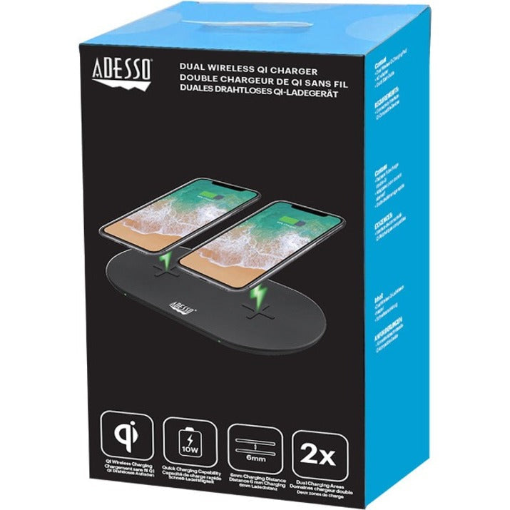 Adesso 15W Max Qi-Certified Dual 2-Coil Wireless Fast Charging Pad AUH-1040
