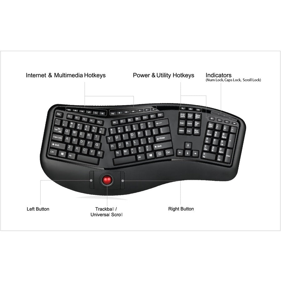 Adesso 2.4 GHz Wireless Ergonomic Trackball Keyboard WKB-3500UB