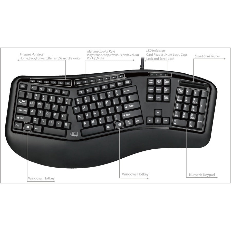 Adesso Desktop Ergonomic Smart Card Reader Keyboard (TAA Compliant)