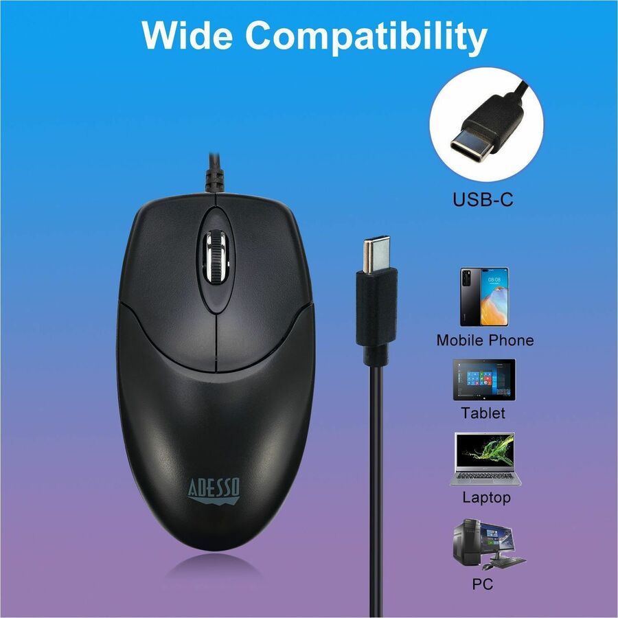 Adesso - Full-size Mouse - Optical - Cable - Black - USB Type C - 1200 dpi - Scroll Wheel