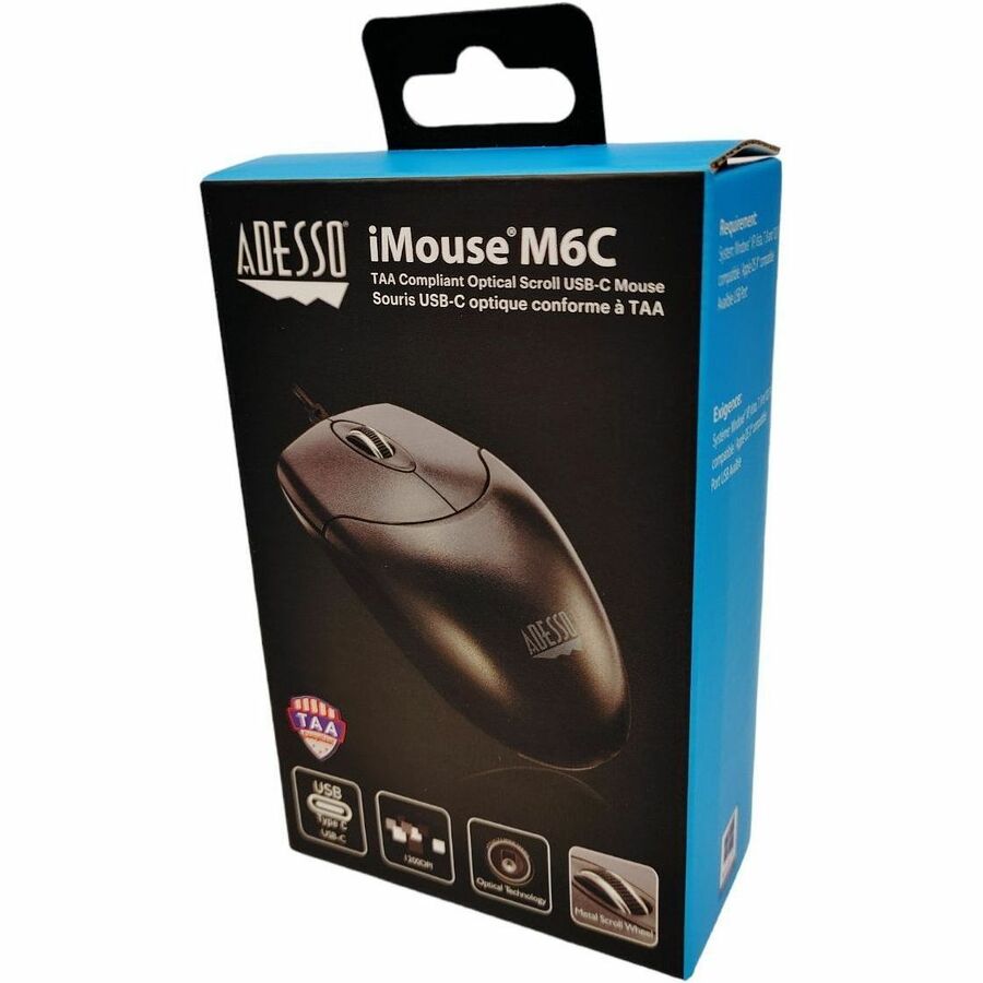 Adesso - Full-size Mouse - Optical - Cable - Black - USB Type C - 1200 dpi - Scroll Wheel