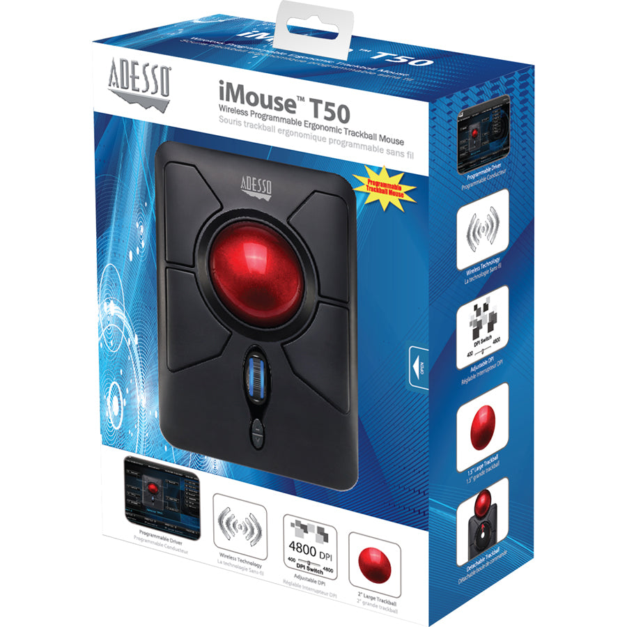 Adesso Imouse T50 - Wireless Programmable Ergonomic Trackball Mouse