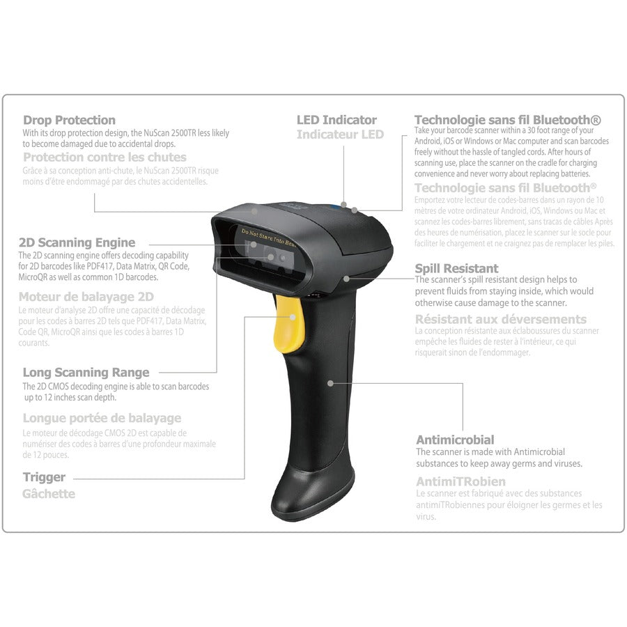 Adesso NUSCAN 2500TB Bluetooth Spill Resistant Antimicrobial 2D Barcode Scanner