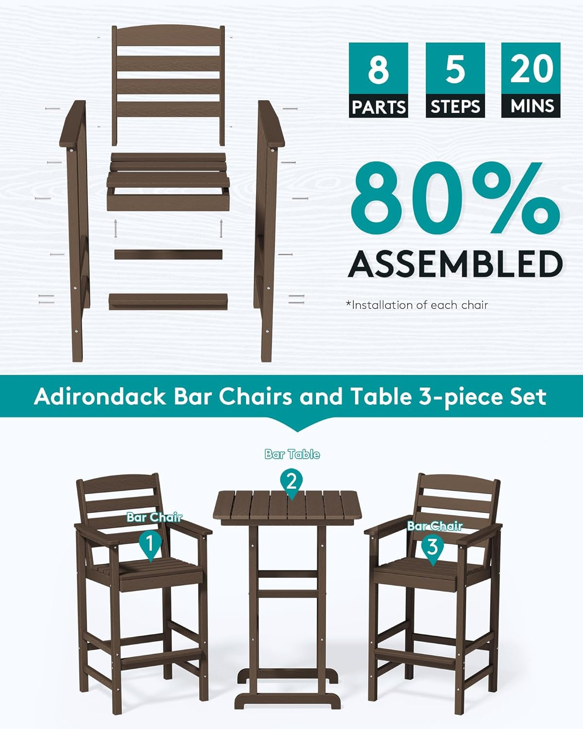 Adirondack Outdoor Patio Bar Set with Tall Chairs