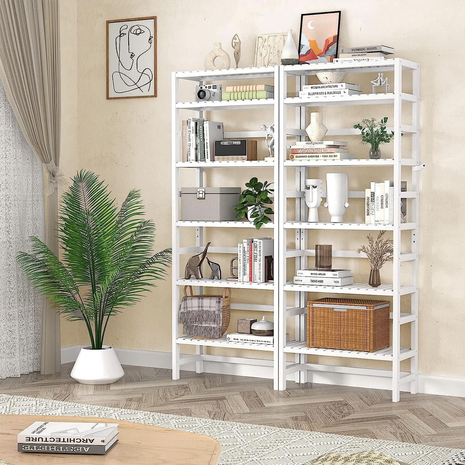 Adjustable 6 Tier Bamboo Bookshelf For Living Room Office Storage