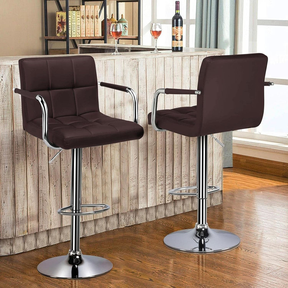 Adjustable Bar Stools Set Of 2 360 Swivel Brown PU Leather